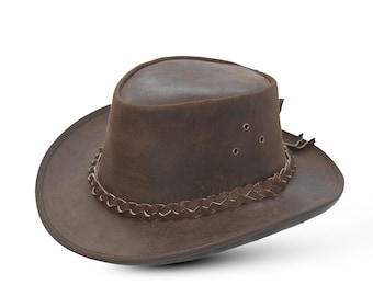 Handmade Genuine Leather Cowboy Children Kids Hat Western Aussie Braided Band Style Bush Hat for Boys & Girls - XS - Brown