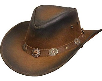 Lesa Collection Leather Classic Western Aussie Style Outback Cowboy Hat with Smoked Edges Conchos Brown Bush Hats