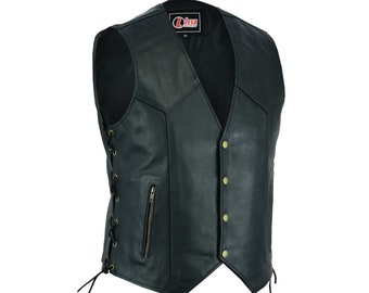 Mens Real Leather Waistcoat Motorcycle Vest Motorbike With Laced Up Real Choice