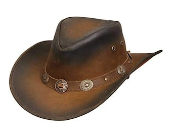 Lesa Collection Sombrero de vaquero clásico de cuero estilo australiano occidental con bordes ahumados Conchos Brown Bush Hats