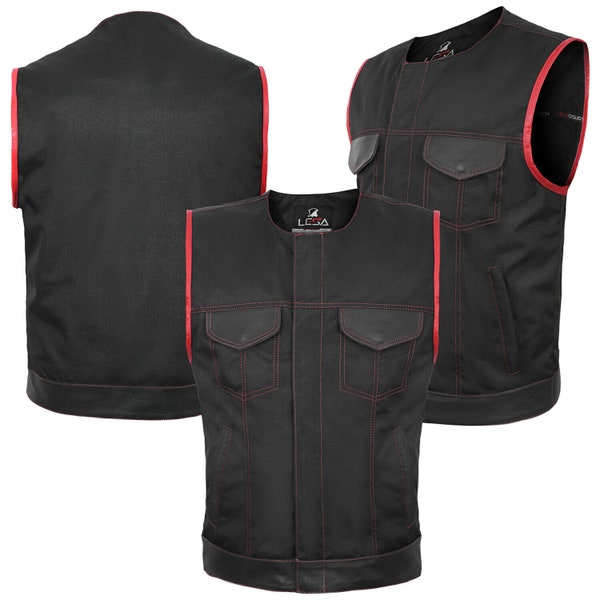 SOA Style Motorcycle Biker Waistcoat Vest Black Red Real Leather Trim Fabric UK