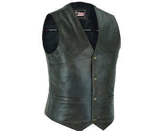 Mens Real Leather Waistcoat Motorcycle Biker Style Distressed Brown Vest