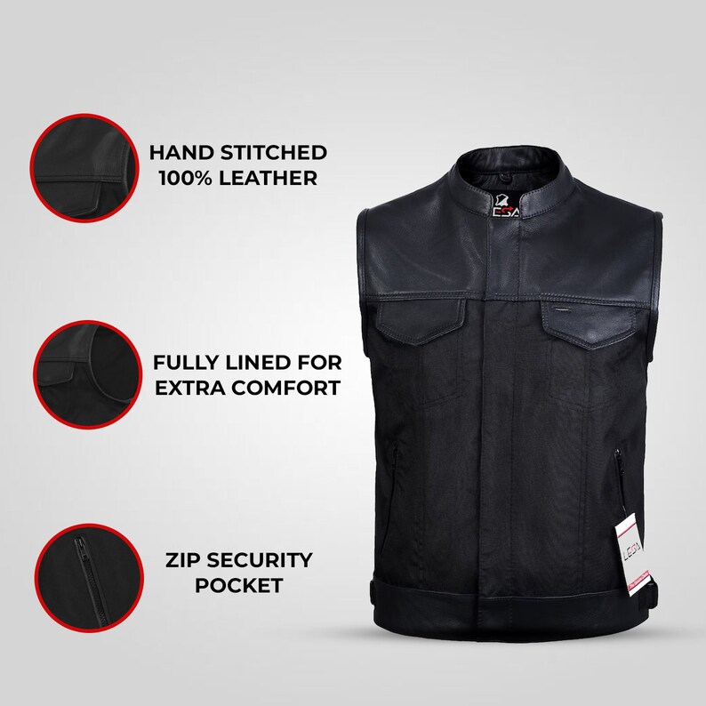 Mens Real Leather Trim Vests Collar Sons of Anarchy Cordura Biker Waistcoat with Dual Closure YKK Zipper and Snaps image 9