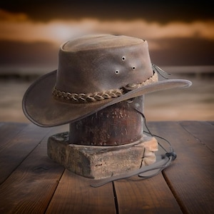 Lesa Collection Sombrero antiguo de cuero estilo australiano Cowboy Outback en bronceado vintage imagen 9
