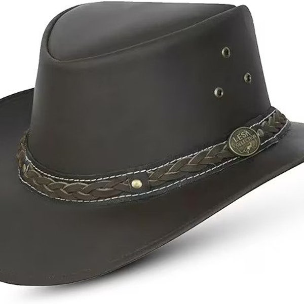 Lesa Collection Handmade Oiled Finish Leather Classic Australian Western Outback Bush Hat Wide Brim Cowboy  Hat with Free Chin Strap - Black