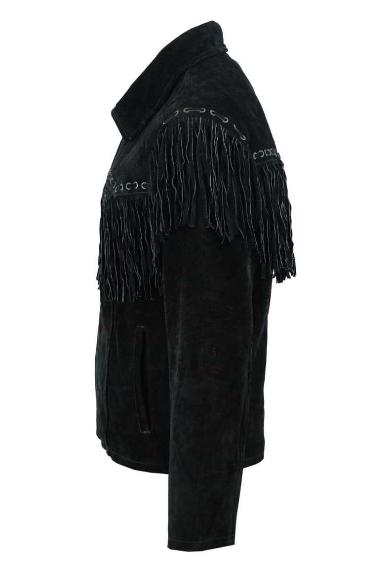 Mens Suede Black Cowboy Western Leather Jacket With Fringe Tassels image 2