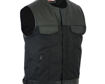 Mens Trim Collarless Codura Textile Motorcycle Rider Vest with Deep Pockets Biker Waistcoat with Dual Closure YKK Zipper