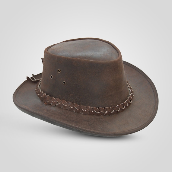 Leather Cowboy Western Adjustable Chin Strap Aussie Style Bush Hat Brown 