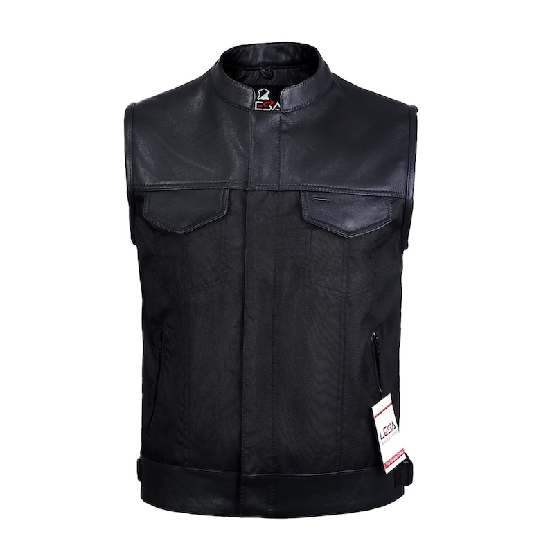 Mens Real Leather Trim Vests Collar Sons of Anarchy Cordura Biker Waistcoat with Dual Closure YKK Zipper and Snaps image 3
