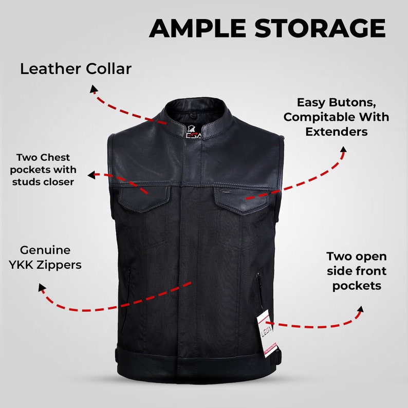 Mens Real Leather Trim Vests Collar Sons of Anarchy Cordura Biker Waistcoat with Dual Closure YKK Zipper and Snaps image 10