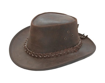 Handmade Genuine Leather Cowboy Children Kids Hat Western Aussie Braided Band Style Bush Hat for Boys & Girls - XS - Brown