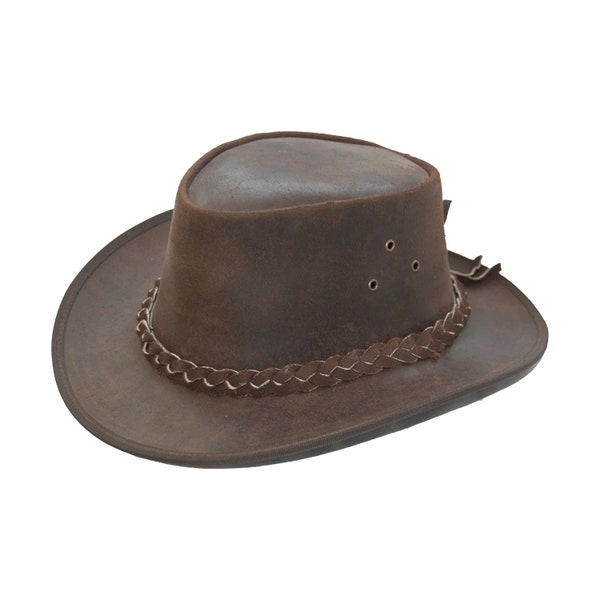 Handmade Genuine Leather Cowboy Children Kids Hat Western Aussie Braided Band Style Bush Hat for Boys & Girls - XS - Brown