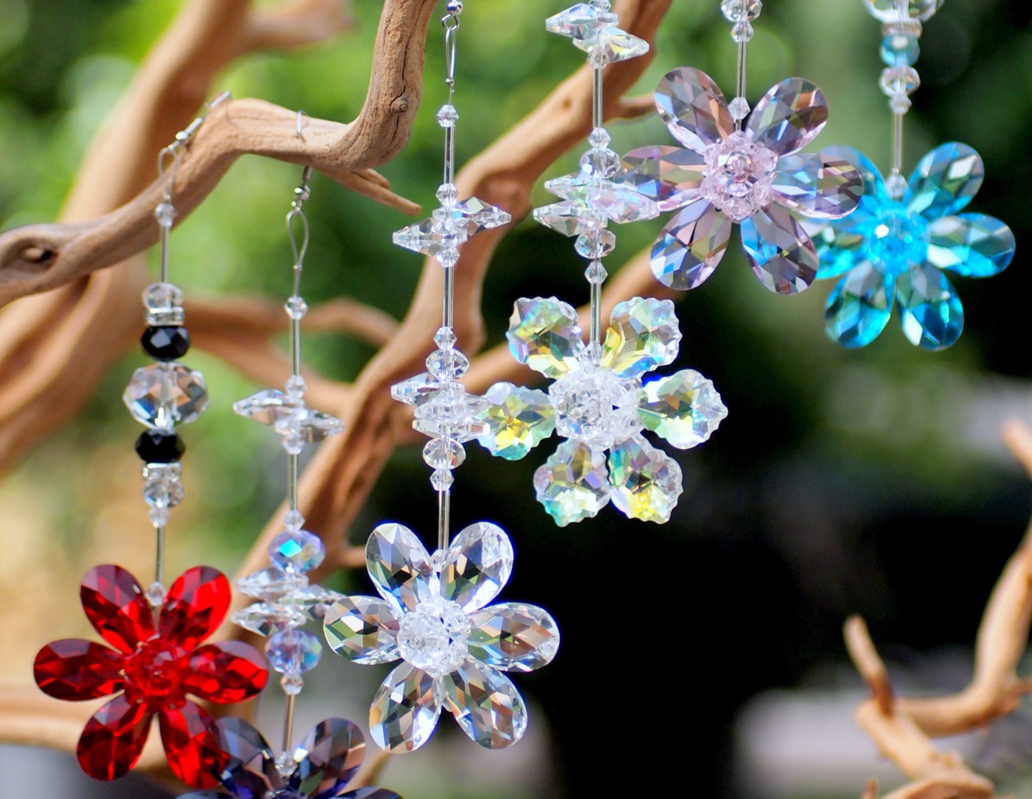 3 Flower Hanging Crystal Ornament Blue Etsy