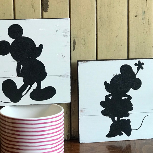 Mickey and Minnie Mouse handcrafted wood silhouette sign for the Disney lovers