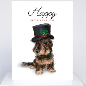 May include: A Christmas card featuring a cartoon dachshund wearing a black top hat with holly and a green bow tie. The text "Happy Holidays" is printed above the dog.
