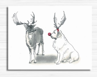 Great Pyrenees Christmas Card | Dog with Reindeer Antlers