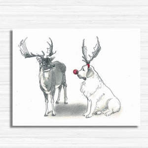 Great Pyrenees Holiday Card | Golden Retriever Christmas Card | Dog Christmas Cards | Dog with Reindeer Christmas | Dog xmas cards