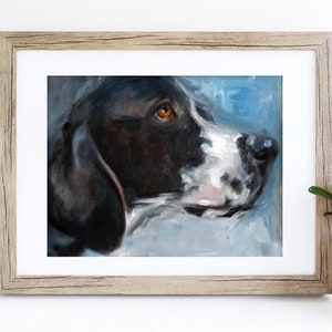 May include: A painting of a black and white dog with brown eyes, looking to the right. The dog's head and neck are the focus of the painting, with a blue background.