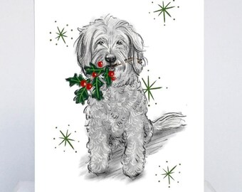 Doodle Dog Christmas Card: Hand-Illustrated Festive Holly Design
