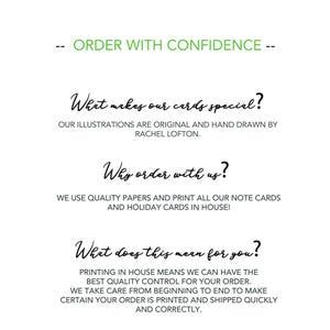 Puede incluir: Texto sobre un fondo blanco que dice "-- ORDER WITH CONFIDENCE --". Debajo del texto hay tres secciones con los t&iacute;tulos "What makes our cards special?", "Why order with us?" y "What does this mean for you?" Cada secci&oacute;n tiene texto que describe la calidad de las tarjetas y el proceso de impresi&oacute;n.