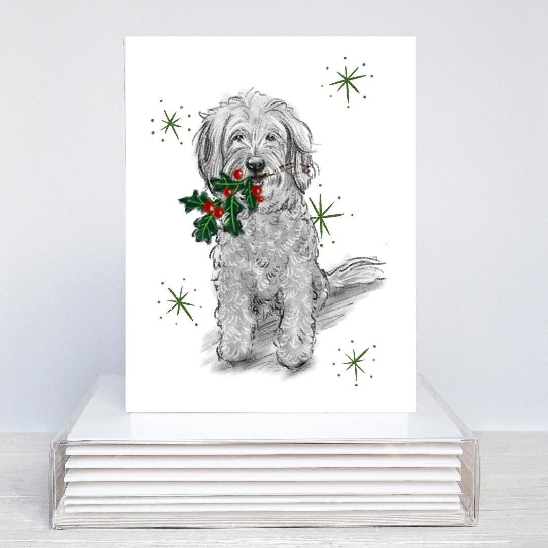 Doodle Dog Christmas Card: Hand-illustrated Festive Holly Design - Etsy