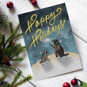 Raccoon Magic Holiday Cards | Raccoon Christmas Cards | Cute Raccoon Christmas Cards | Woodsy Christmas Cards | Animal Christmas Cards