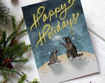 Raccoon Magic Holiday Card: Woodsy Christmas Greetings