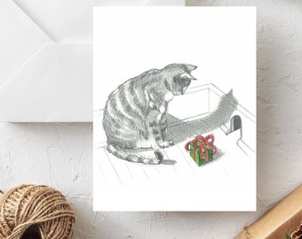 A Gift for Mouse Holiday Cards | Tabby Cat Christmas Card | Cat and Mouse Christmas Holiday Card | Classic Cat Christmas Card