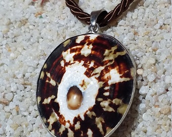 Unique Cowrie Shell Mother of Pearl Pendant Necklace with Brown Cord