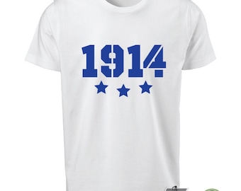 May include: White t-shirt with a blue graphic of the number 1914 and three stars.