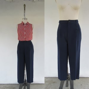 90er Jahre Marineblaue High Waist Bundfaltenhose | Dark Academia Freizeithose | Minimal Business Casual Hose | 33 Taille | Größe 14