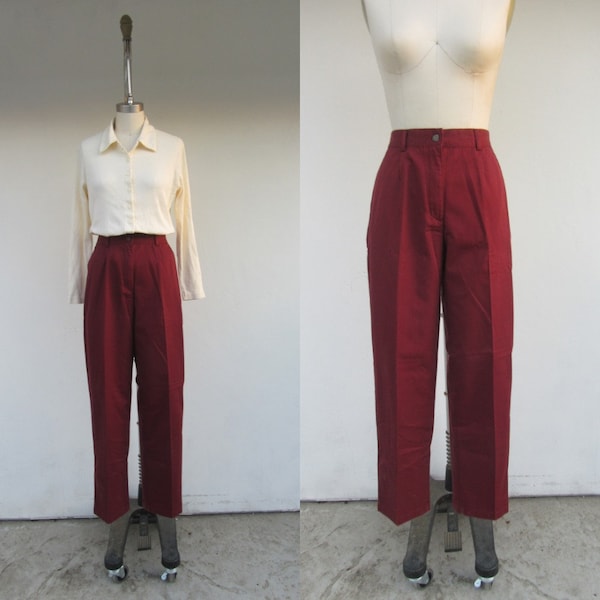 LL BEAN NOS Burgundy Cotton Blend High Waist Tapered Pleated Trousers | 90s Minimal High Rise Easy Pants | 25 to 29 | 34 inseam | Tall