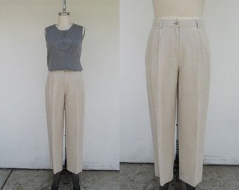 XS S M L 90s linen pants vintage high waisted ecru oatmeal woven linen drawstring elastic waist easy lounge baggy pants