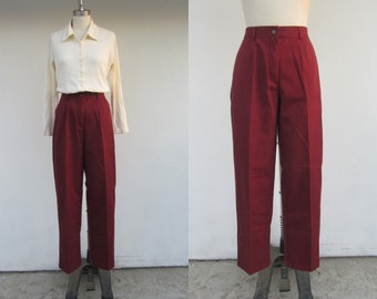 LL BEAN NOS Burgundy Cotton Blend High Waist Tapered Pleated Trousers | 90s Minimal High Rise Easy Pants | 25 to 29 | 32 inseam