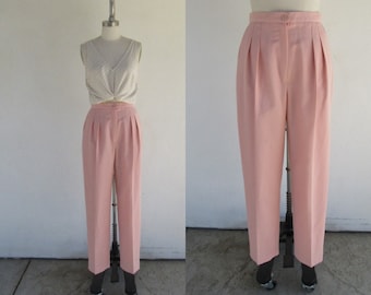 90s High Waist Carnation Pink Pleated Trousers | Dab of Wool High Rise Tapered Pants | Minimalist Business Casual Slacks | 26