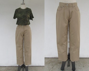 LL BEAN Camel Brown All Cotton Five Pocket Jeans | High Waist Khaki Cotton Trousers Chinos | Minimal 90s LL Bean Mom Pants | 27 Waist