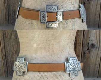 NOS 80s 90s Camel Brown Leather and Metal Concho Belt | Cross Concho Concha Metal and Leather Southwest Western Belt | S 25.5 to 29 | Sz 26