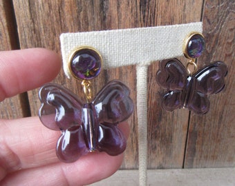 90s Gold Tone Purple Glass Butterfly Dangle Earrings | Butterfly Earrings | 1990s Glam Jewelry