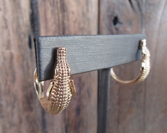 90s Gold Tone Hoops | Alligator Metal Figural Hoop Earrings | Crocodile Statement Earrings