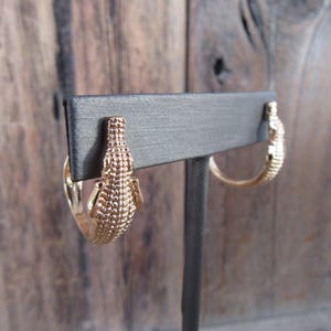 90s Gold Tone Hoops | Alligator Metal Figural Hoop Earrings | Crocodile Statement Earrings