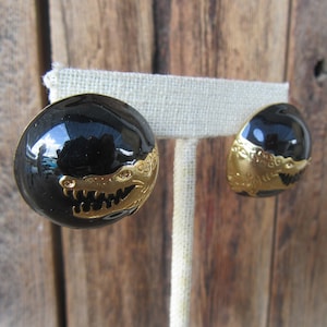 90s Enamel Earrings | Black Enamel and Gold Alligator Metal Figural Dome Button Earrings | Crocodile Statement Earrings