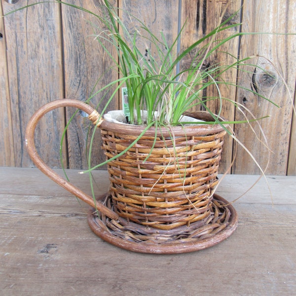 70s 80s Tea Cup Wicker Rattan Planter | 8" Wicker Straw Rattan Planter Pot | Jungalow Boho Decor