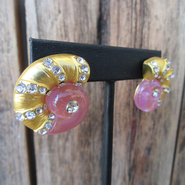 90s Gold Tone Chunky Mollusk Earrings | Modernist Resort Chic Bejeweled Shell Earrings | Snail Earrings