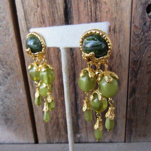 90s Gold Tone and Green Bauble Dangle Earrings | Glam Modernist Earrings | Large Cabochon Olive Green Beaded Earrings