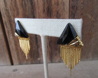80s 90s Chain Fringe Earrings | Gold Metal Chain Fringe Black Resin Triangle Earrings | New Wave Geometric Geo Statement Earrings