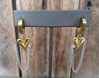 Y2K Gold and Silver Tone Heart Hoop Earrings | Chain Heart Dangle Clicker Hoops | Small Dainty Chain Heart Rhinestone Bejeweled Hoops