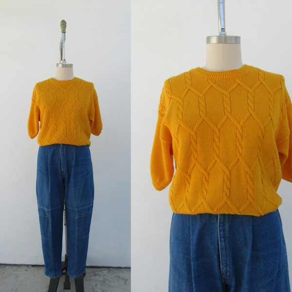 80s Mango Yellow Orange Half Sleeve Sweater Top | Cotton Ramie Boxy Fit Drop Shoulder Short Sleeve Sweater | 90s Sweater Jumper Top | L