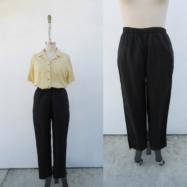 90s High Waist Black Linen Easy Pants | High Rise Linen Slacks Trousers | Pleated Linen Pants | 30 to 38 Waist