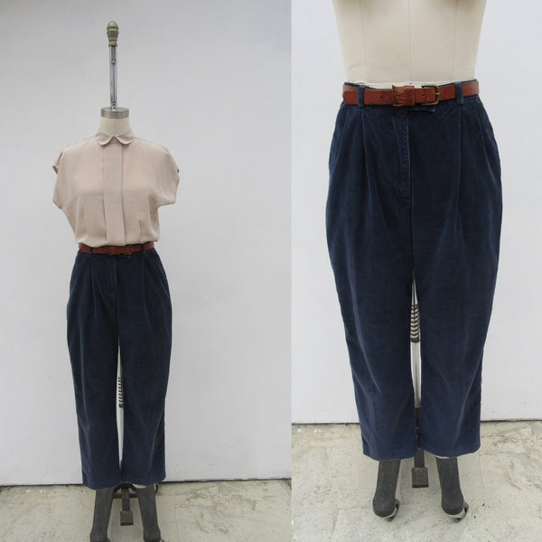 90s Navy High Waist Pleated Corduroy Trousers | Minimalist Business Casual Slacks | Dark Academia High Rise Pants | 30 Waist Size 12