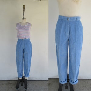 90s New Old Stock LL Bean Sky Blue Wale Corduroy Trousers | Cotton Minimal High Waist Ribbed Easy Pants | 28 Waist x 32 Inseam